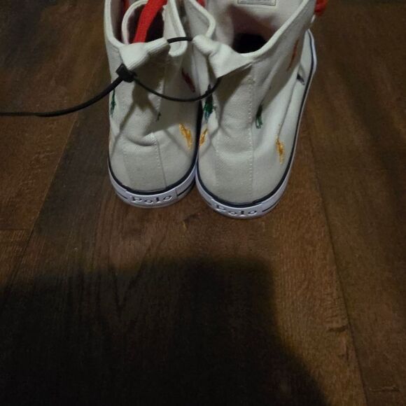 NWT-Polo Ralph Lauren White High-Top Sneakers with Multicolor Embroidery - Picture 7 of 16